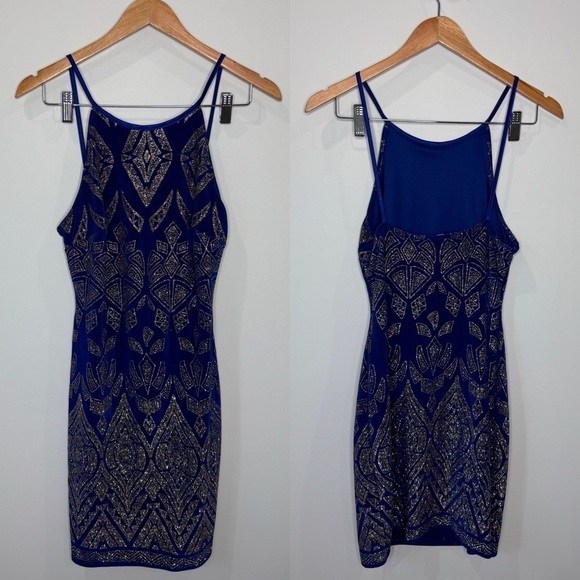 Jump Apparel Sparkly Rose Gold Embellished Bodyco spaghetti Mini Dress (7/8) - Picture 1 of 7